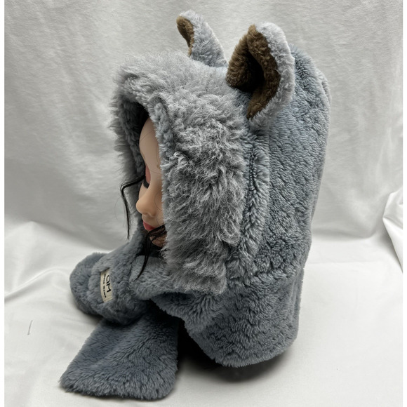 Mona Momo Winter Hooded Scarf Plush Neck Warmer With Cute Bear Ears Blue Gray - Picture 5 of 8